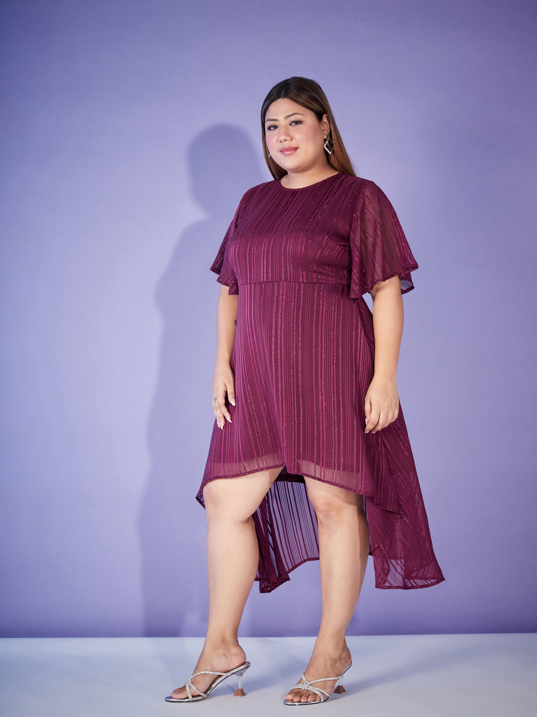 Maroon Lurex High Low Dress-SASSAFRAS Curve