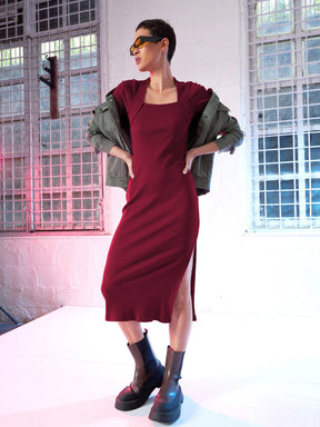 Maroon Rib Side Slit Full Sleeves Bodycon Dress-SASSAFRAS