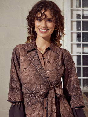 Brown Snake Print Front Tie Shirt Dress-SASSAFRAS