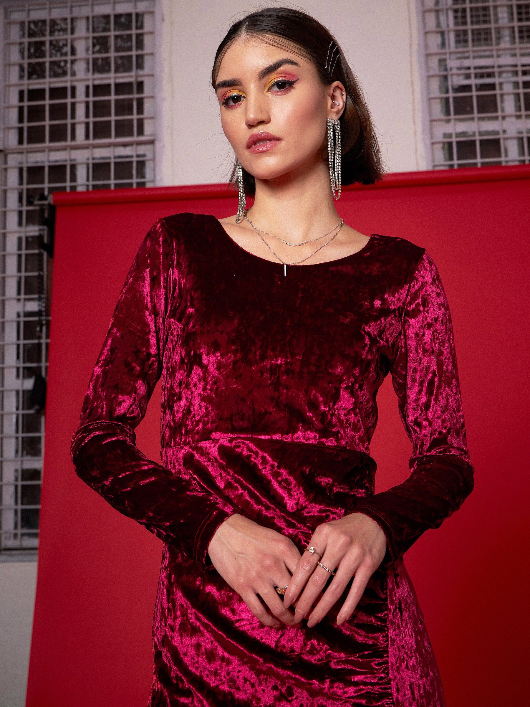 Buy Women Red Velvet Side Slit Midi Dress Online at Best Price - Sassafras Buy Women Red Velvet Side Slit Midi Dress Online at Best Price - Sassafras