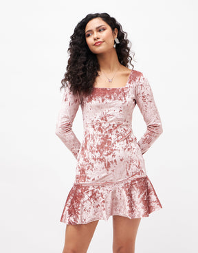 Peach Velvet Frill Hem Mini Dress-SASSAFRAS