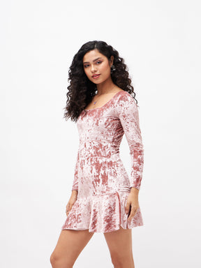 Peach Velvet Frill Hem Mini Dress-SASSAFRAS