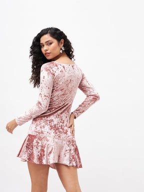 Peach Velvet Frill Hem Mini Dress-SASSAFRAS