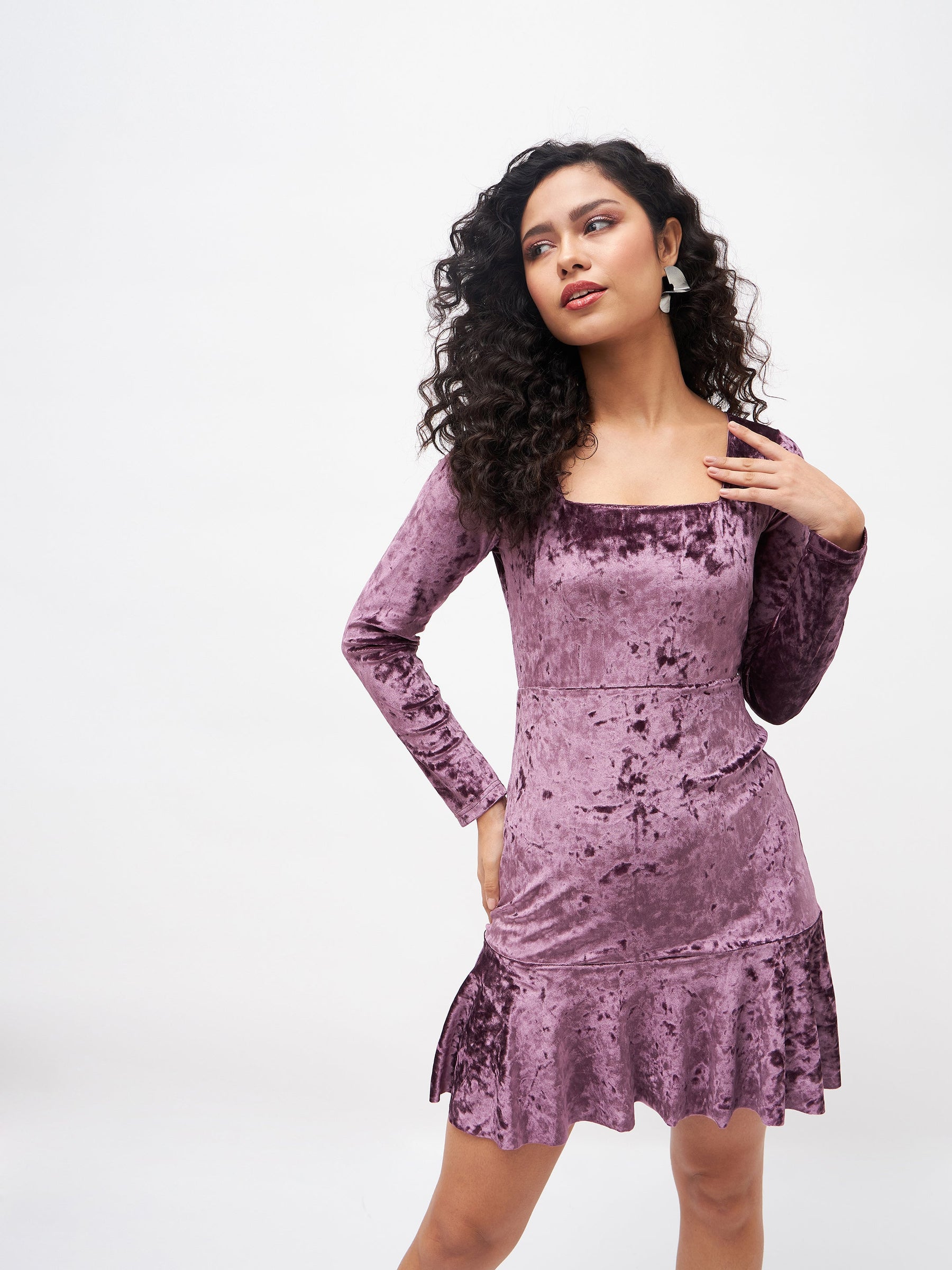 Purple Velvet Frill Hem Mini Dress-SASSAFRAS