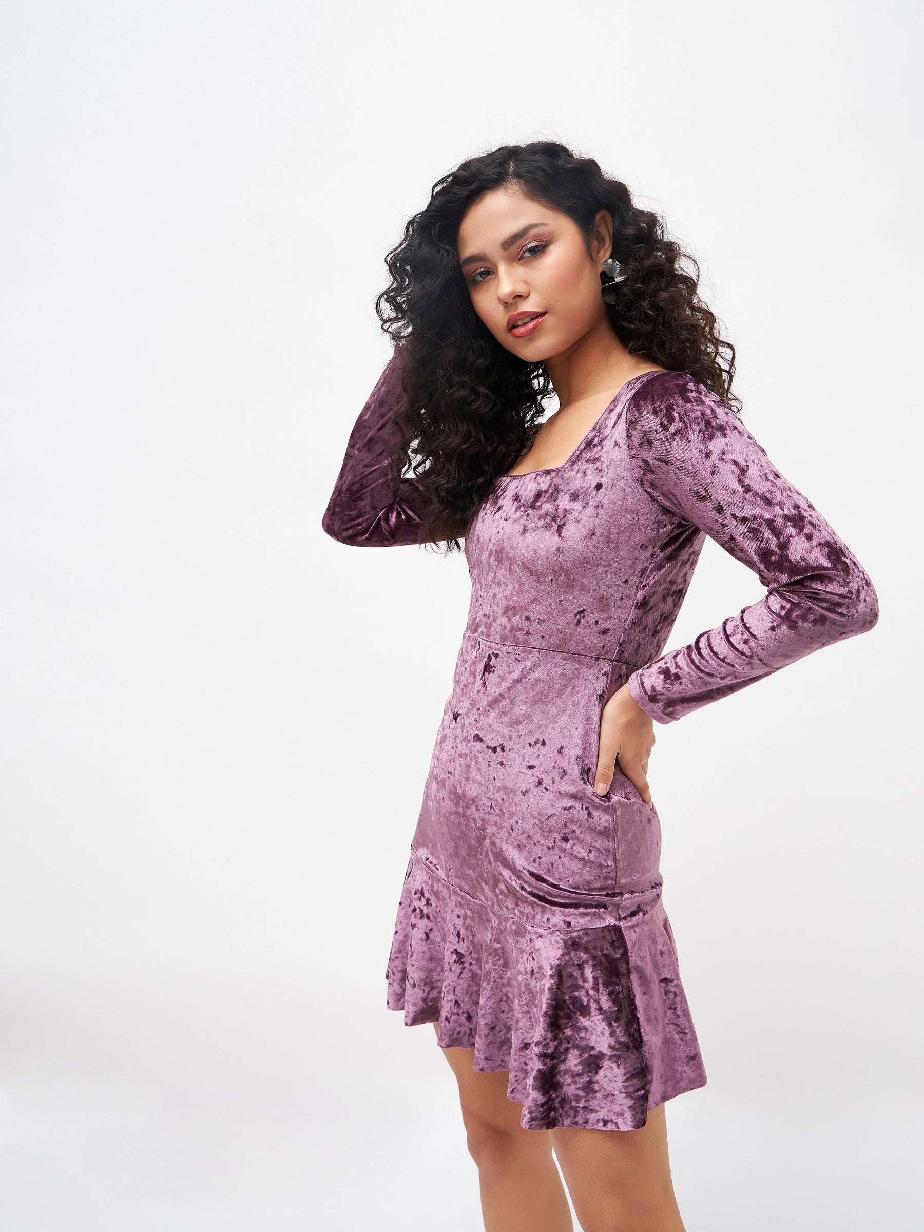 Purple Velvet Frill Hem Mini Dress-SASSAFRAS