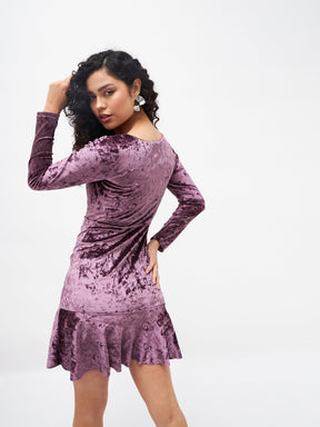 Purple Velvet Frill Hem Mini Dress-SASSAFRAS