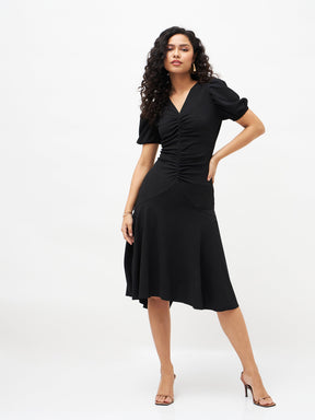 Black Front Ruched Midi Dress-SASSAFRAS