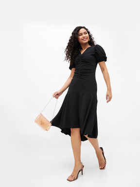 Black Front Ruched Midi Dress-SASSAFRAS