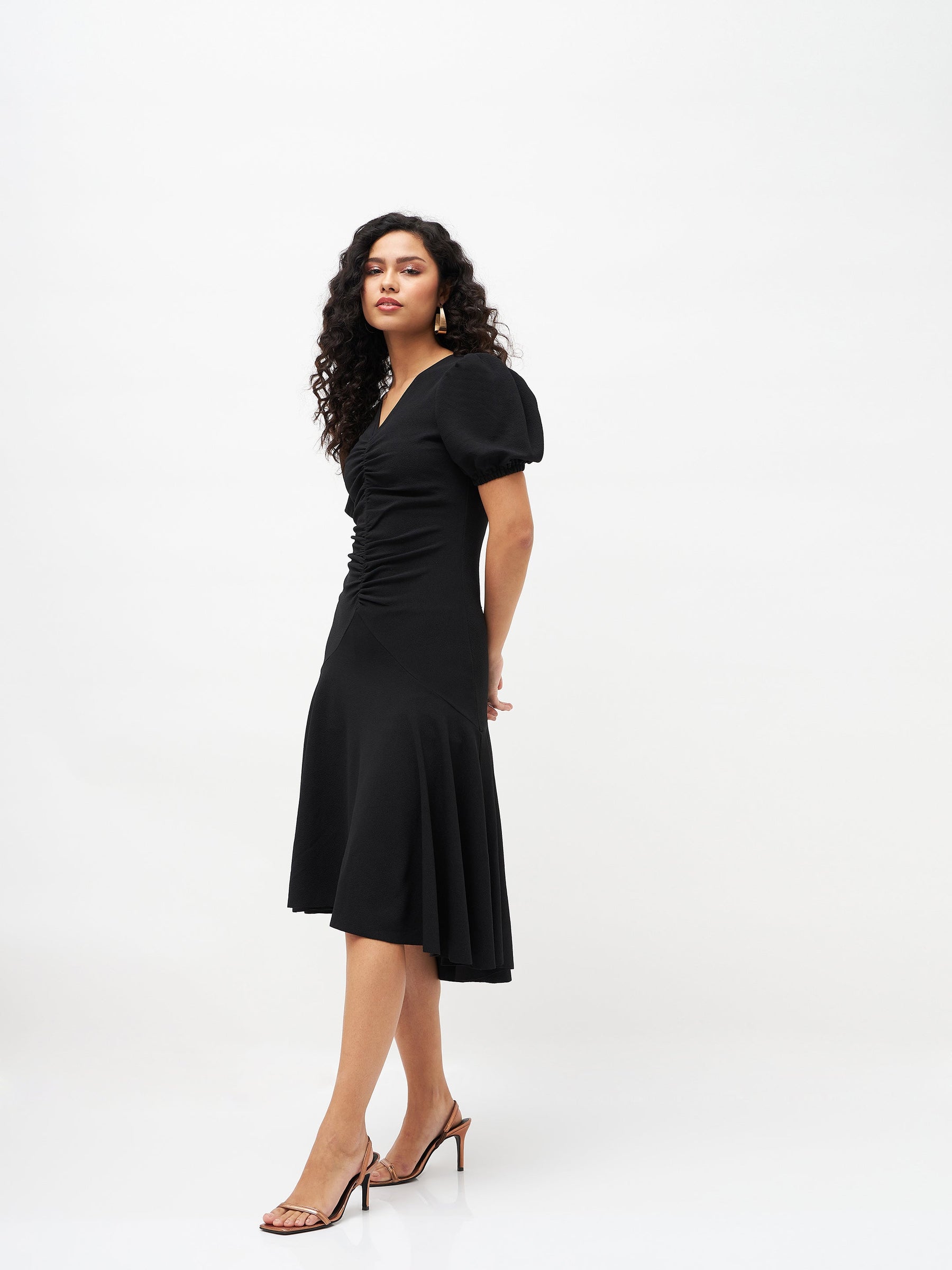 Black Front Ruched Midi Dress-SASSAFRAS