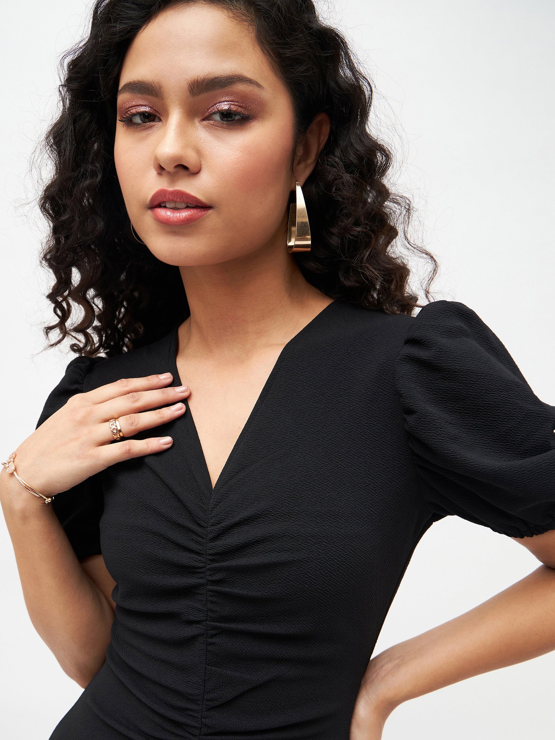 Black Front Ruched Midi Dress-SASSAFRAS