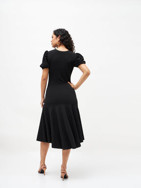 Black Front Ruched Midi Dress-SASSAFRAS