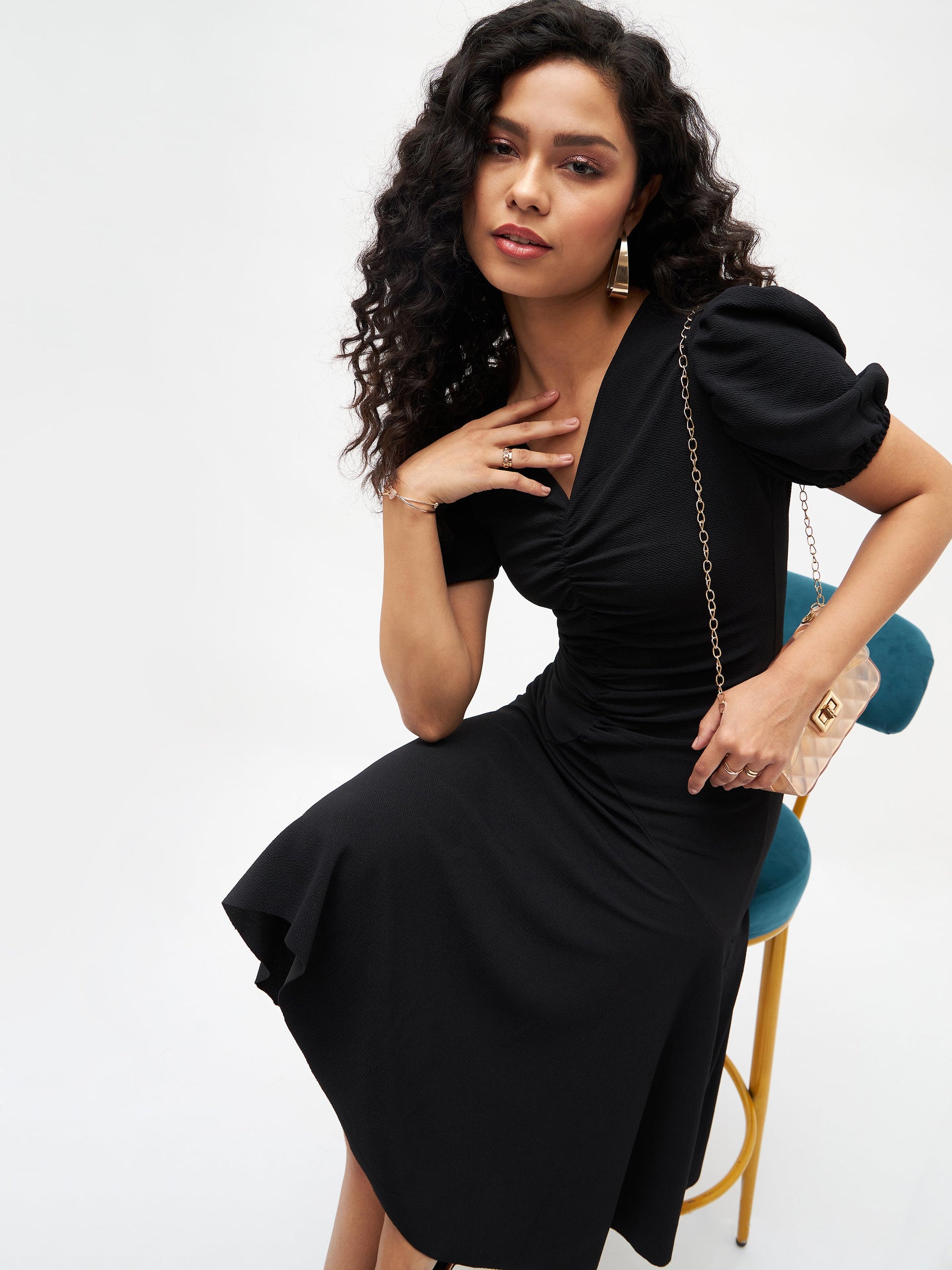 Black Front Ruched Midi Dress-SASSAFRAS