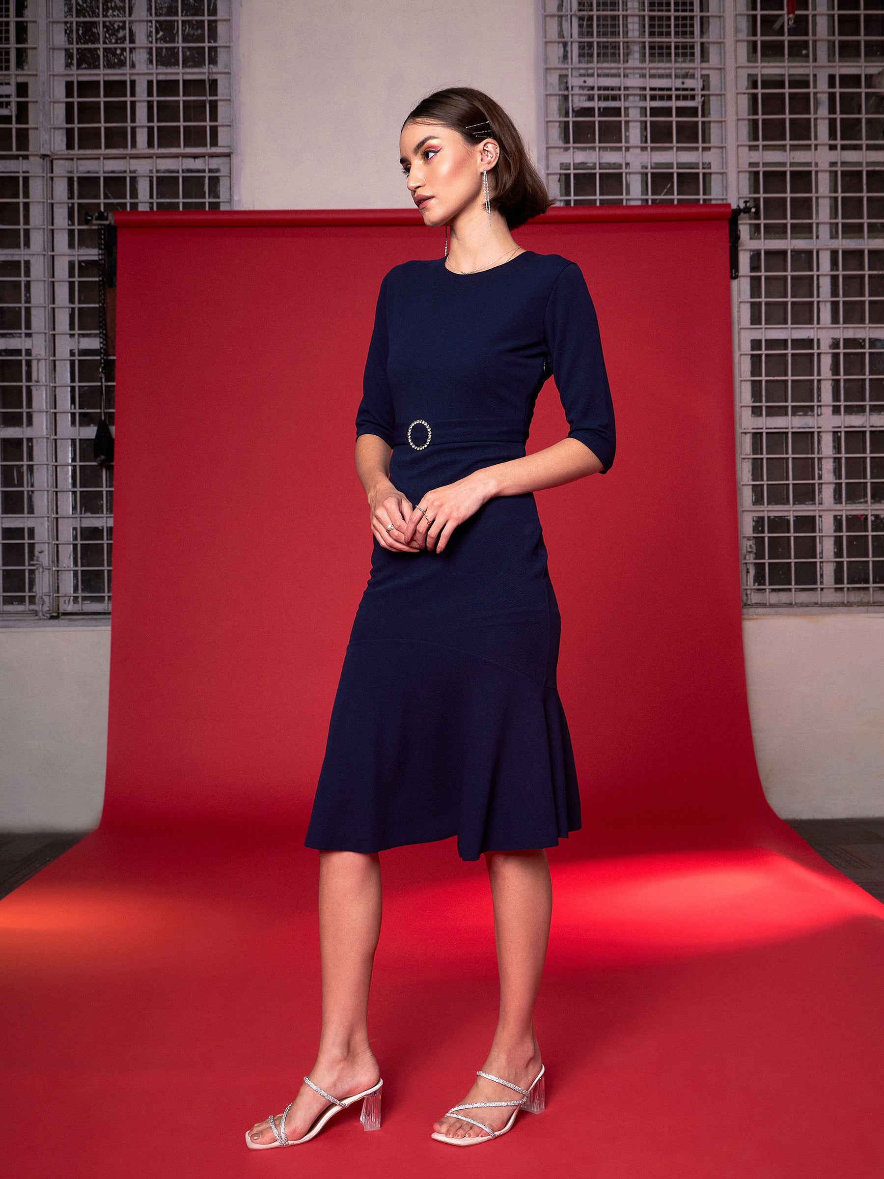 Navy Frill Hem Belted Midi Dress-SASSAFRAS