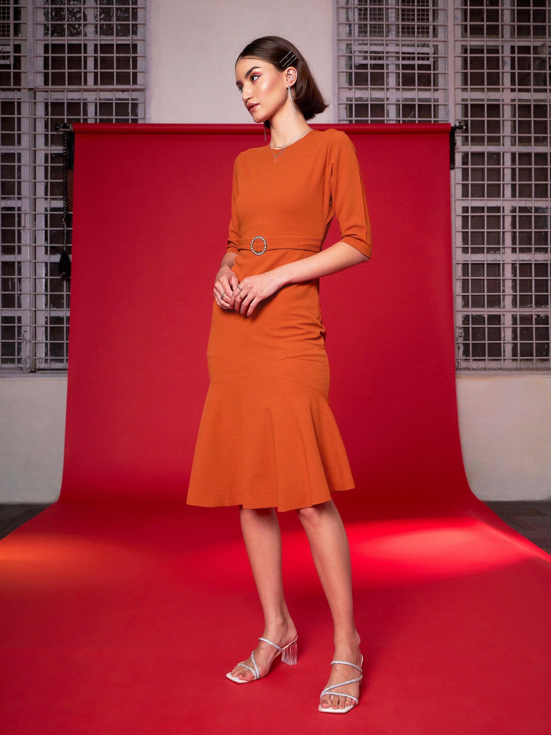 Orange Frill Hem Belted Midi Dress-SASSAFRAS