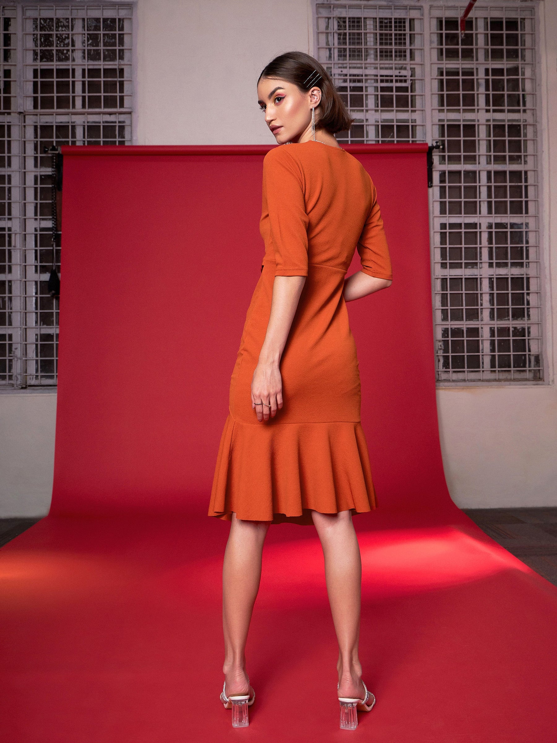 Orange Frill Hem Belted Midi Dress-SASSAFRAS