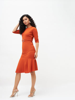 Orange Frill Hem Belted Midi Dress-SASSAFRAS