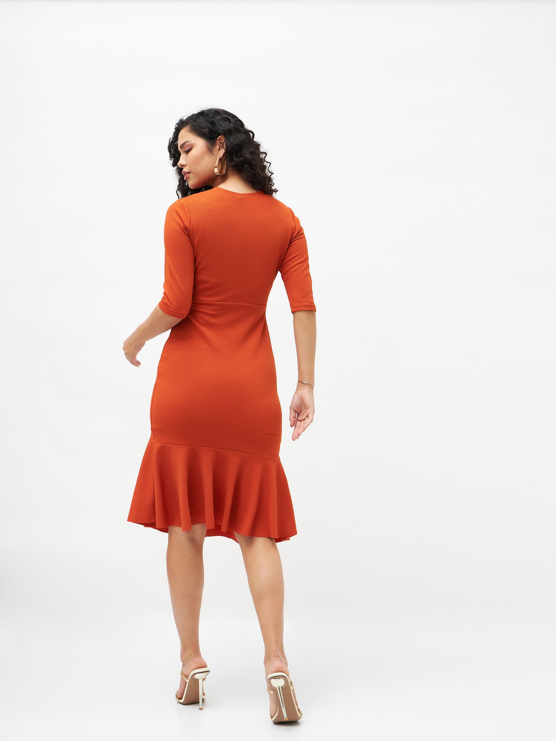 Orange Frill Hem Belted Midi Dress-SASSAFRAS