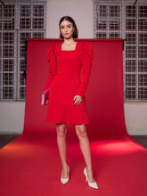 Red Puff Sleeves Frill Hem Bodycon Dress-SASSAFRAS