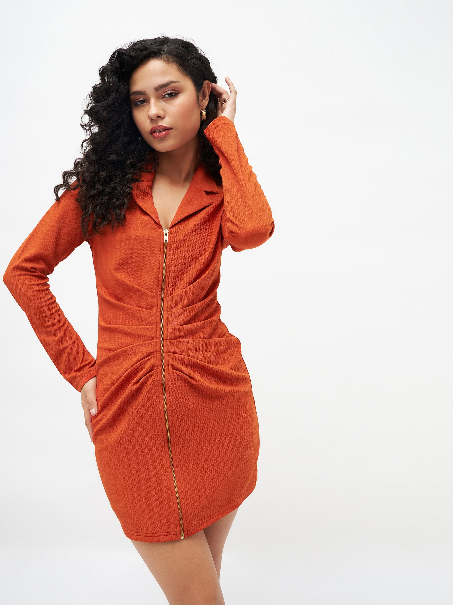 Buy Women Orange Front Zipper Bodycon Dress Online at Best Price
