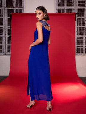 Royal Blue Embellished Back Cut Out Maxi Dress -SASSAFRAS