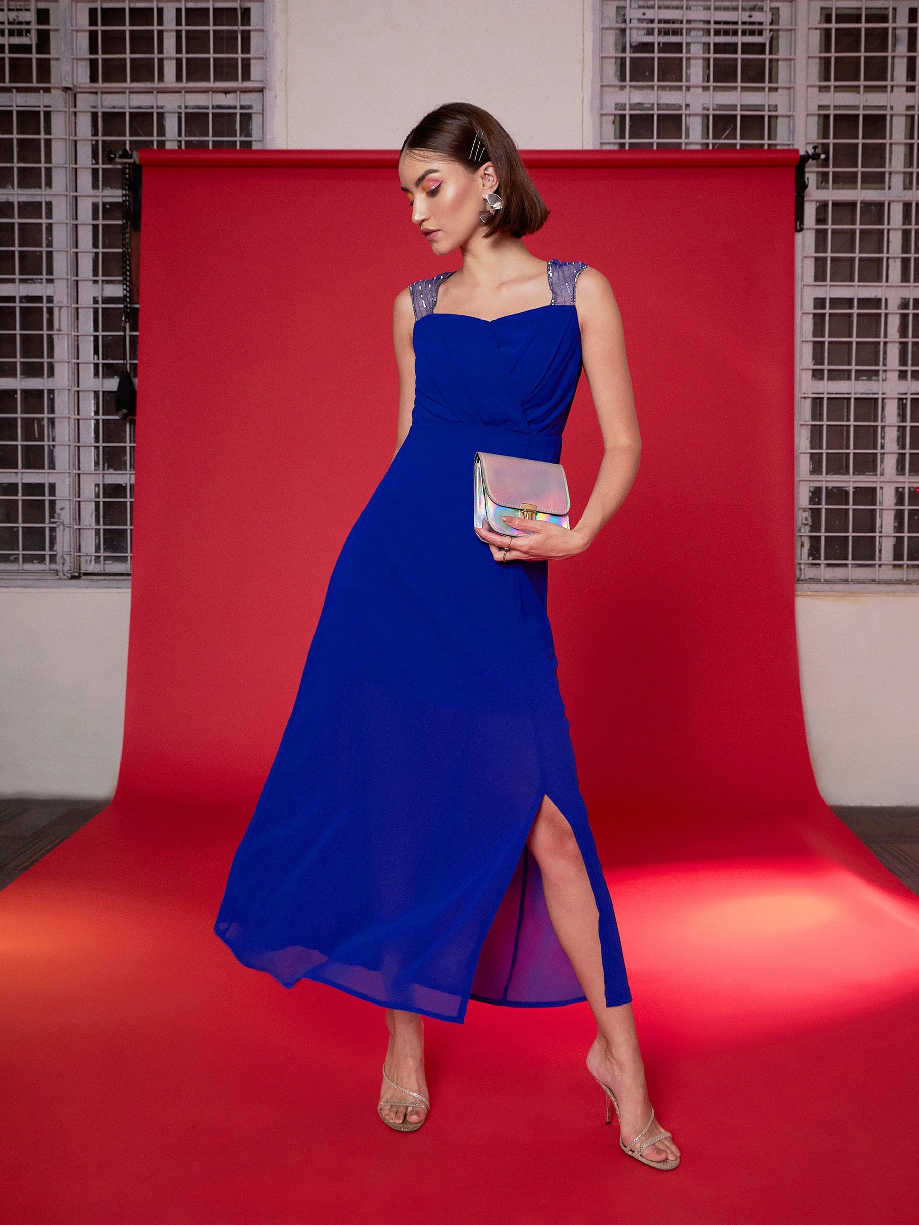 Royal Blue Embellished Back Cut Out Maxi Dress -SASSAFRAS