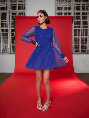 Royal Blue Embellished Mesh Net Skater Dress-SASSAFRAS