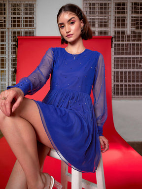 Royal Blue Embellished Mesh Net Skater Dress-SASSAFRAS