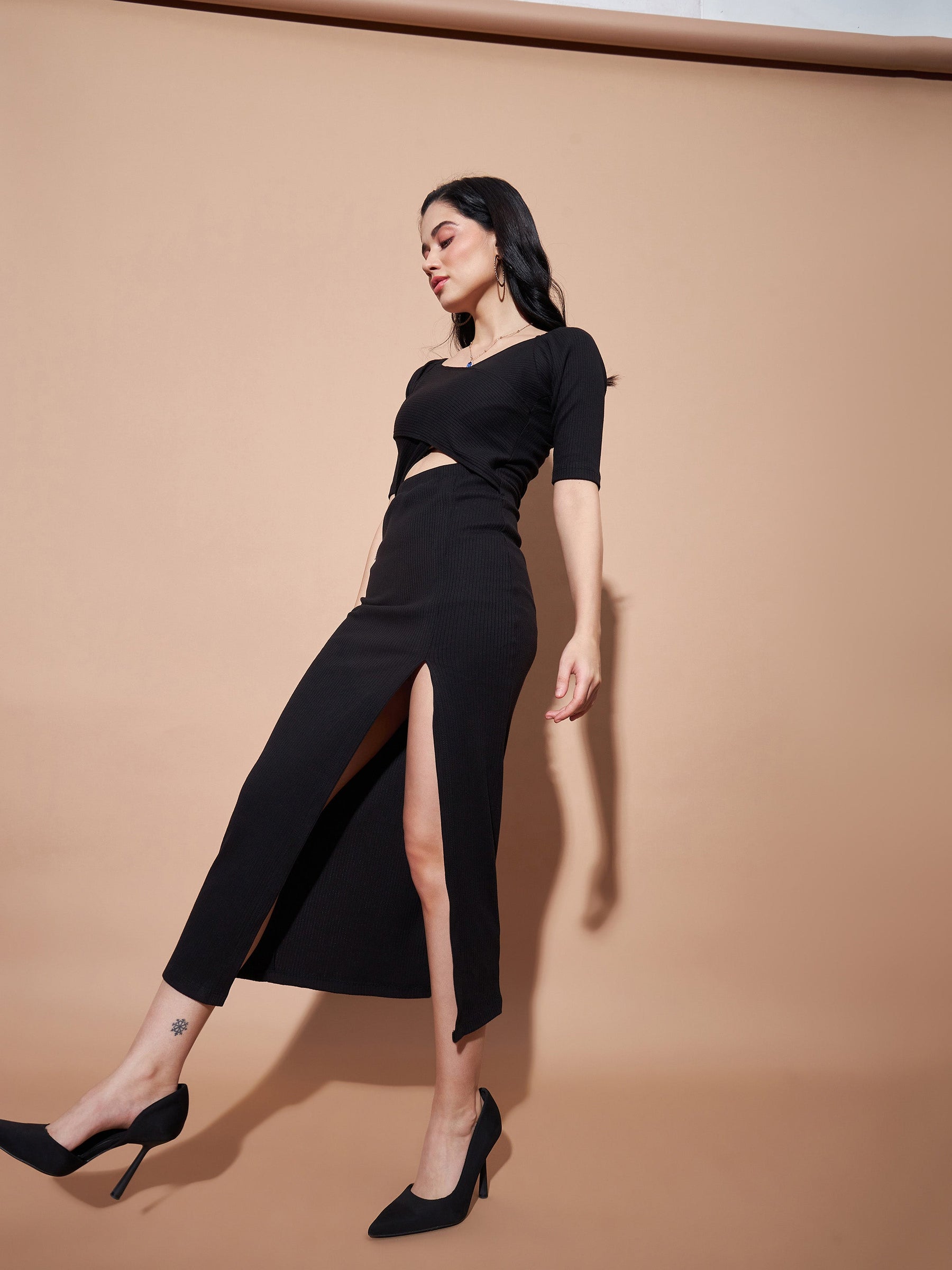 Buy Women Black Side Slit V-Neck Rib Maxi Dress Online at Best Price - Sassafras Buy Women Black Side Slit V-Neck Rib Maxi Dress Online at Best Price - Sassafras