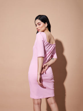 Pink Rib Square Neck Short Dress-SASSAFRAS BASICS