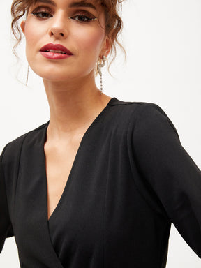 Black Knitted Wrap Dress-SASSAFRAS