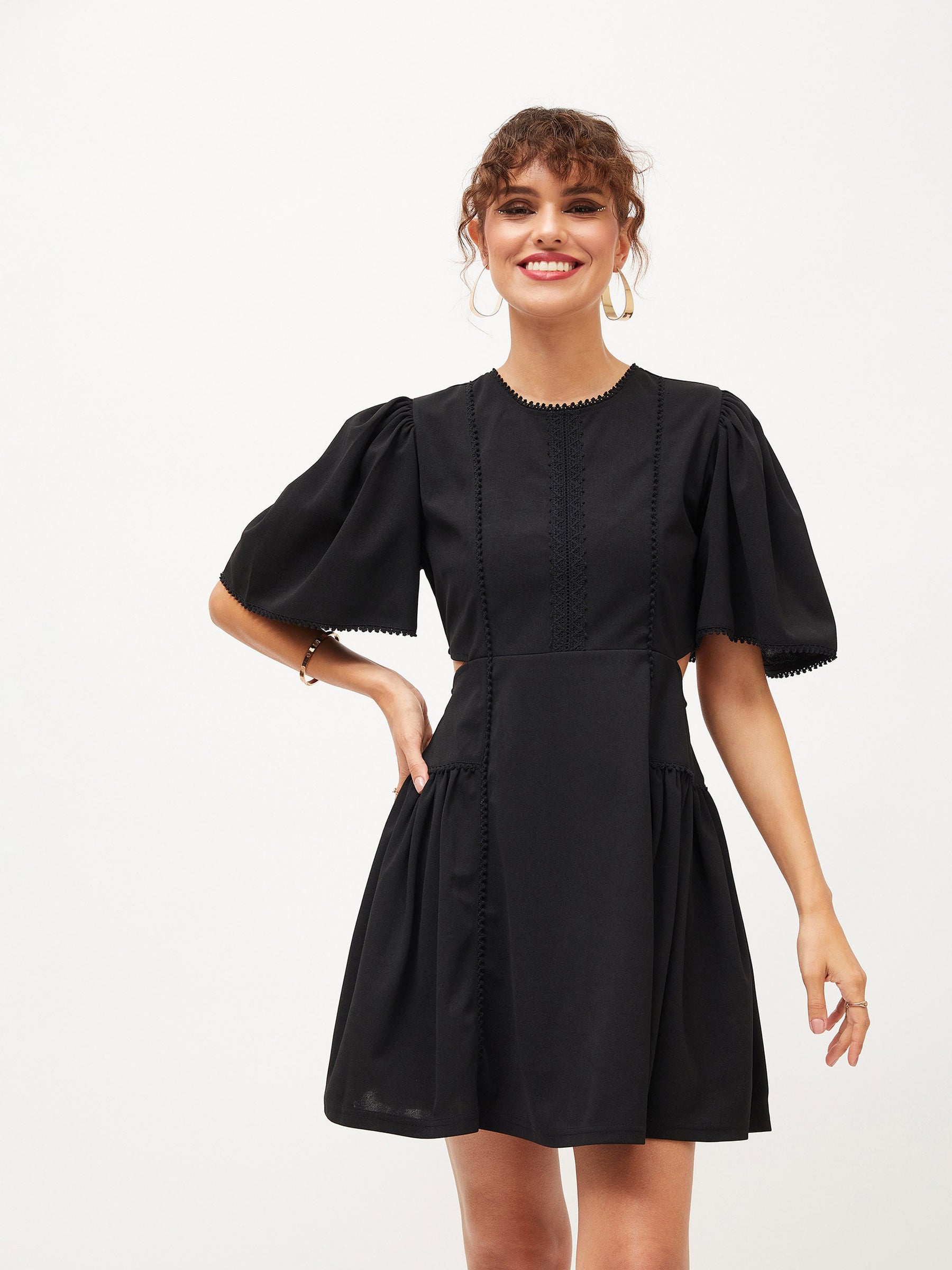 Black Side Cut Out Skater Dress-SASSAFRAS