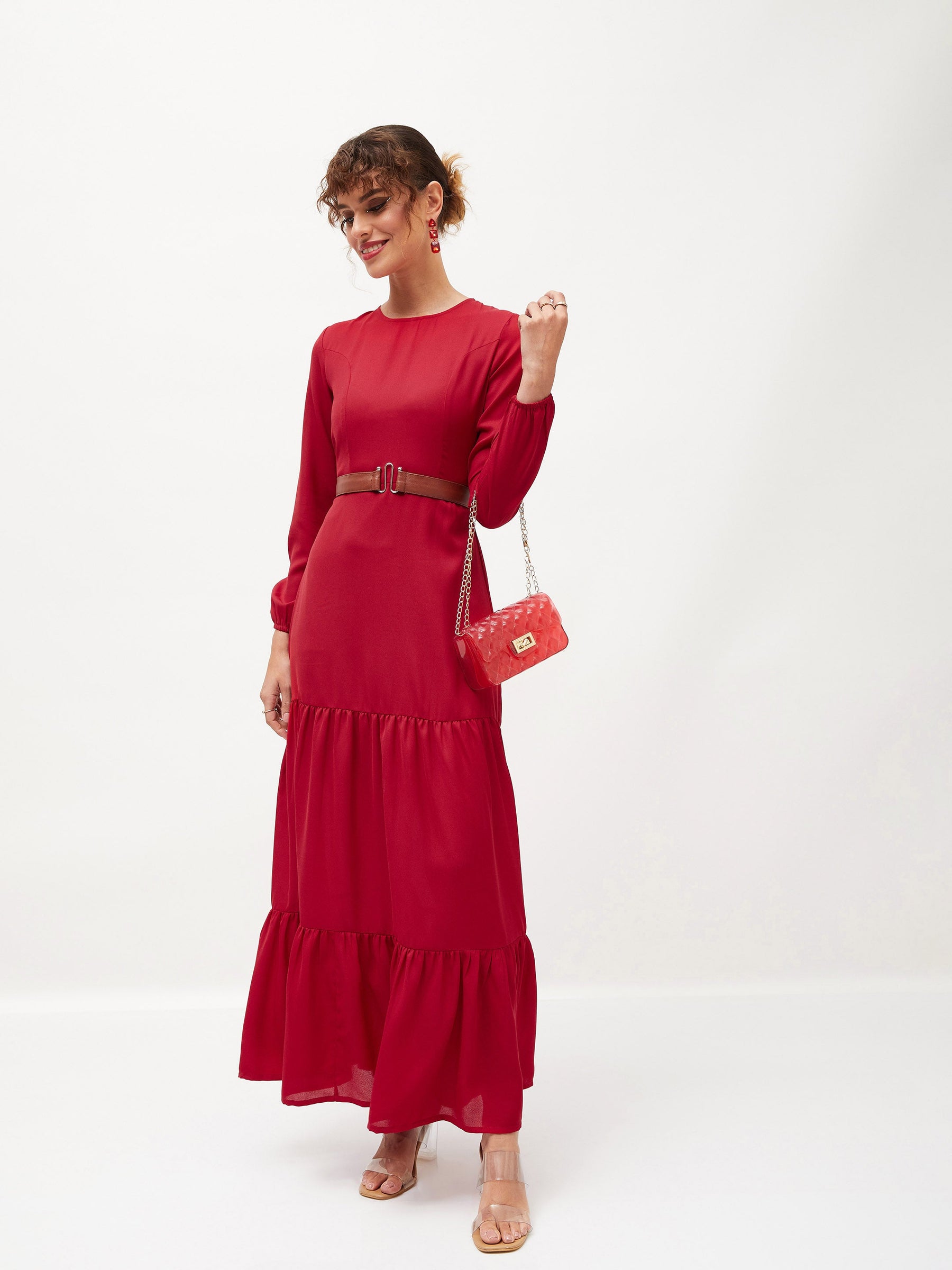 Maroon Belted Tiered Maxi Dress-SASSAFRAS