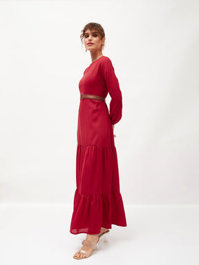 Maroon Belted Tiered Maxi Dress-SASSAFRAS