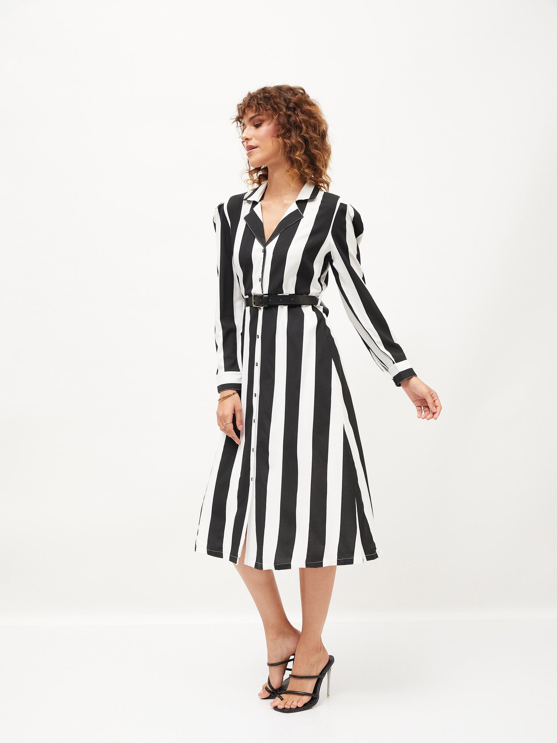 Black & White Striped Belted Shirt Dress-SASSAFRAS