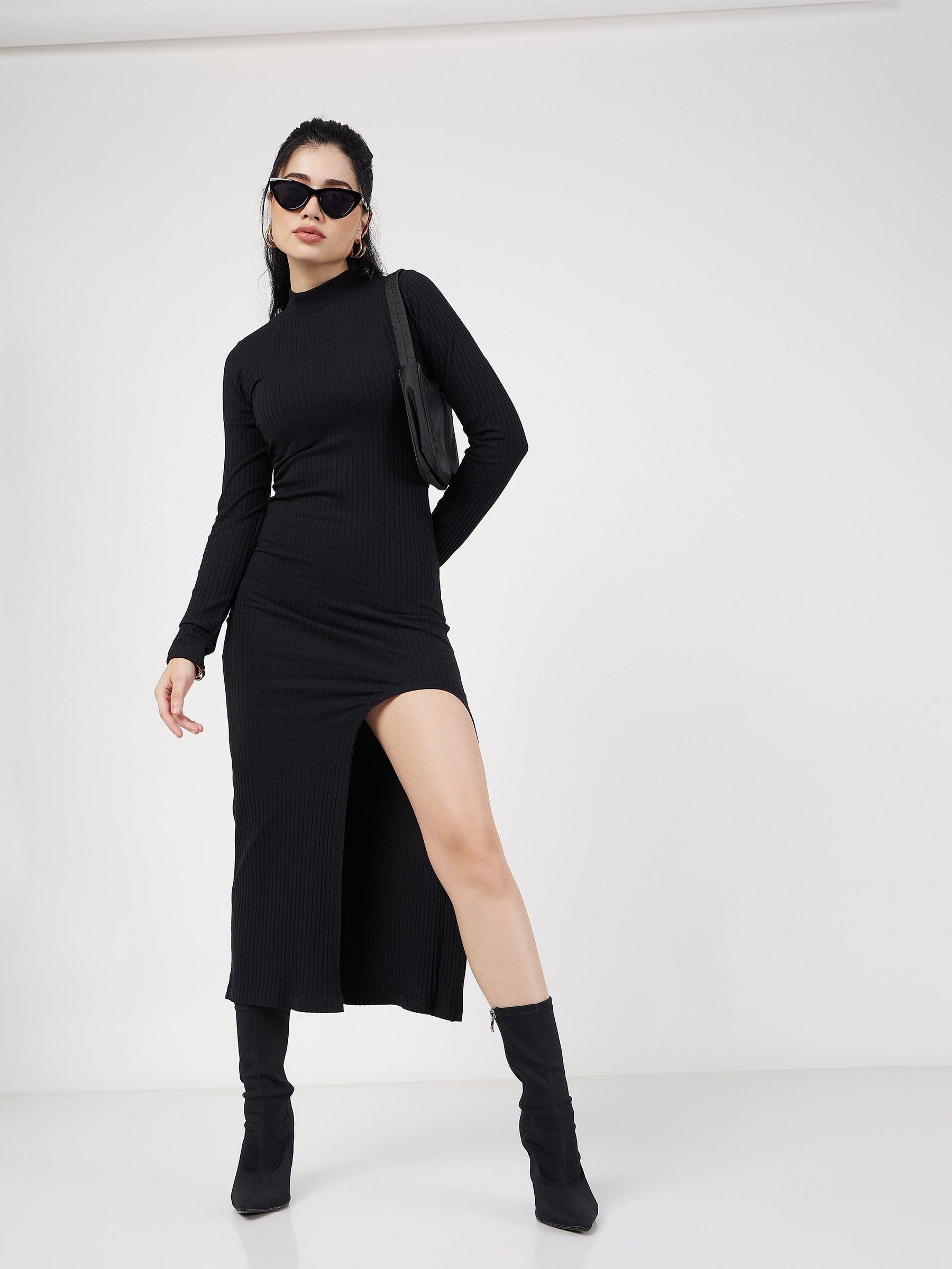 Black Rib Turtle Neck Front Slit Dress-SASSAFRAS