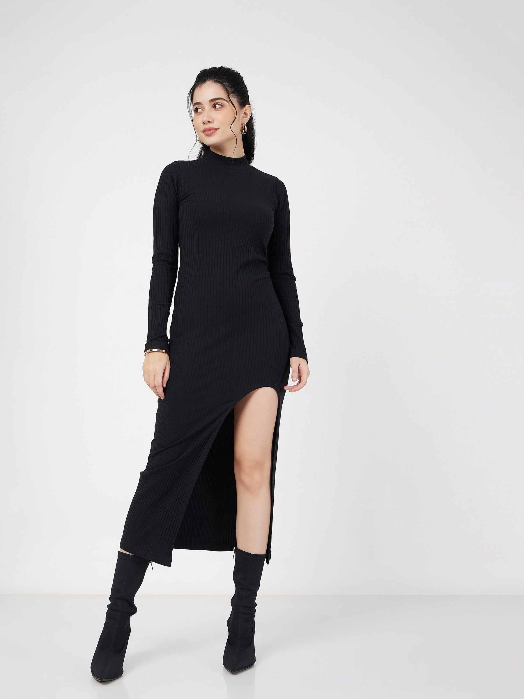 Black Rib Turtle Neck Front Slit Dress-SASSAFRAS