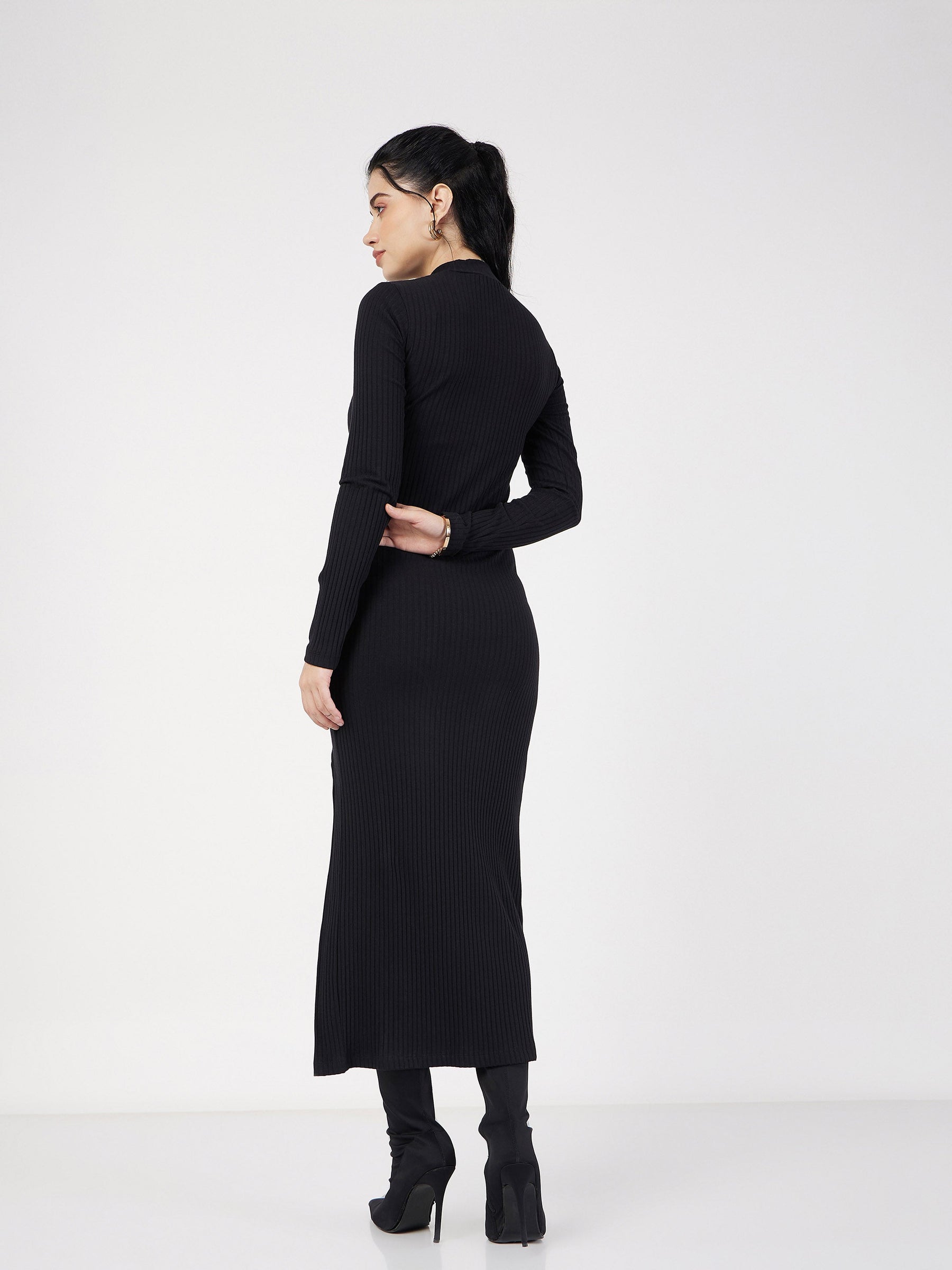 Black Rib Turtle Neck Front Slit Dress-SASSAFRAS