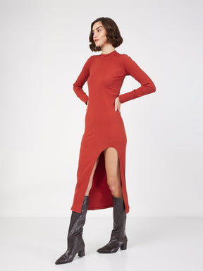 Rust Rib Turtle Neck Front Slit Dress-SASSAFRAS