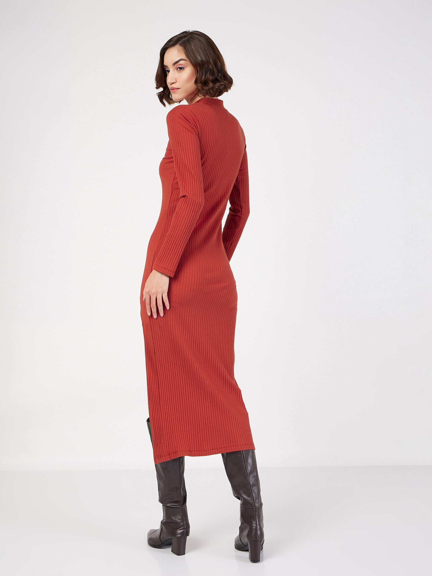 Rust Rib Turtle Neck Front Slit Dress-SASSAFRAS