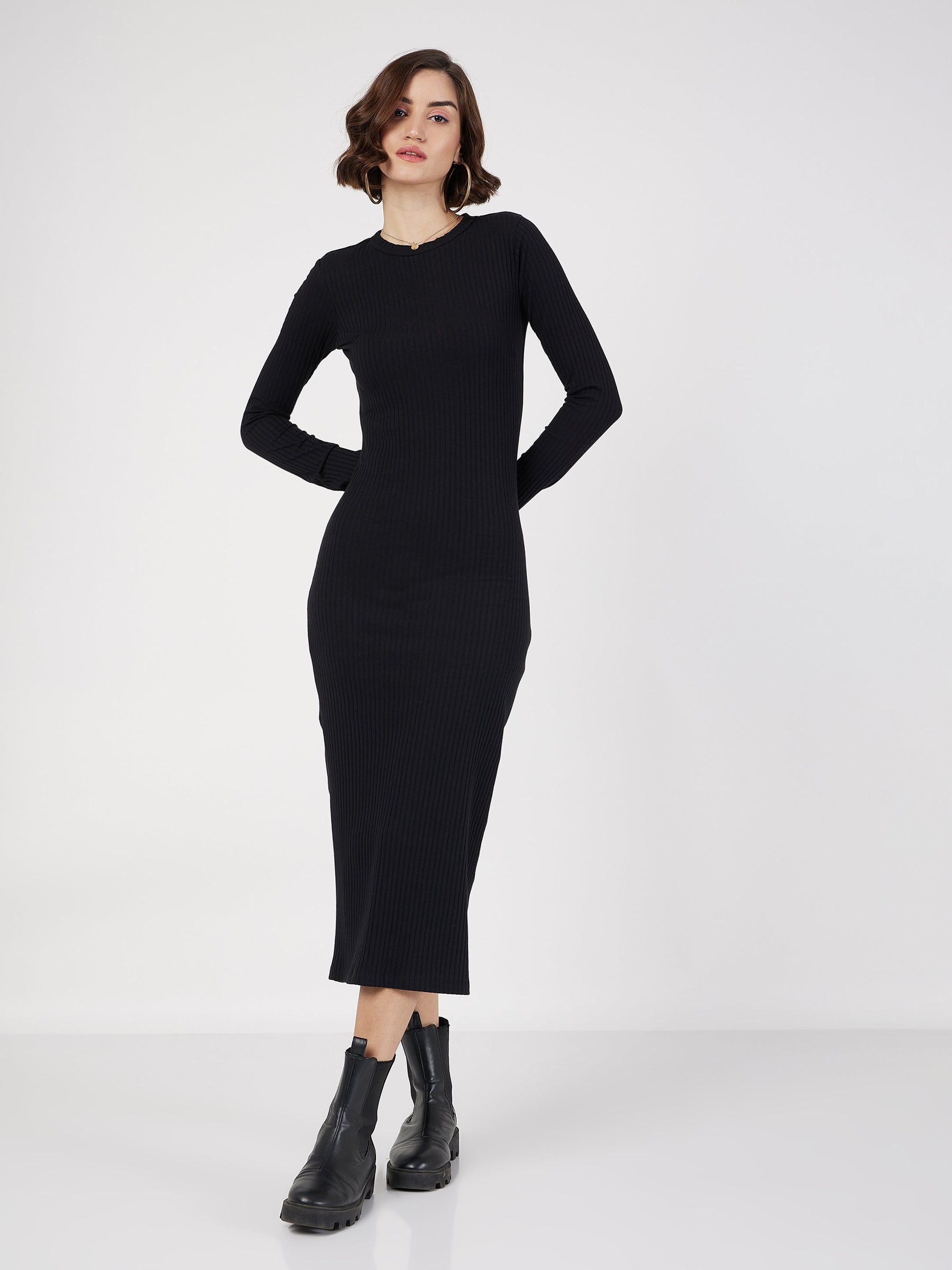 Buy Women Black Rib Bodycon Midi Dress Online at Best Price - Sassafras Buy Women Black Rib Bodycon Midi Dress Online at Best Price - Sassafras