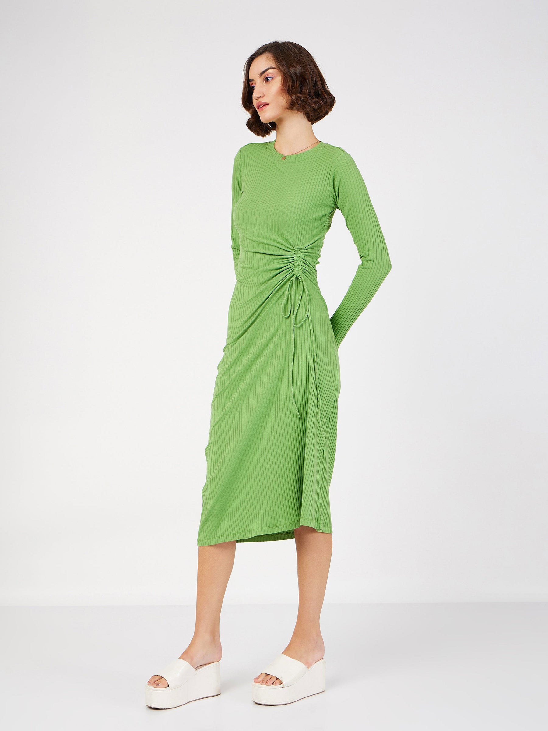 Green Rib Side Ruched Bodycon Midi Dress-SASSAFRAS