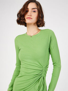 Green Rib Side Ruched Bodycon Midi Dress-SASSAFRAS