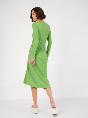 Green Rib Side Ruched Bodycon Midi Dress-SASSAFRAS