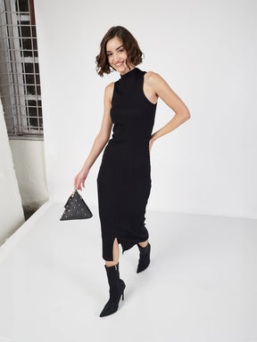 Black Rib Turtle Neck Sleeveless Midi Dress-SASSAFRAS