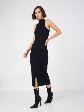 Black Rib Turtle Neck Sleeveless Midi Dress-SASSAFRAS