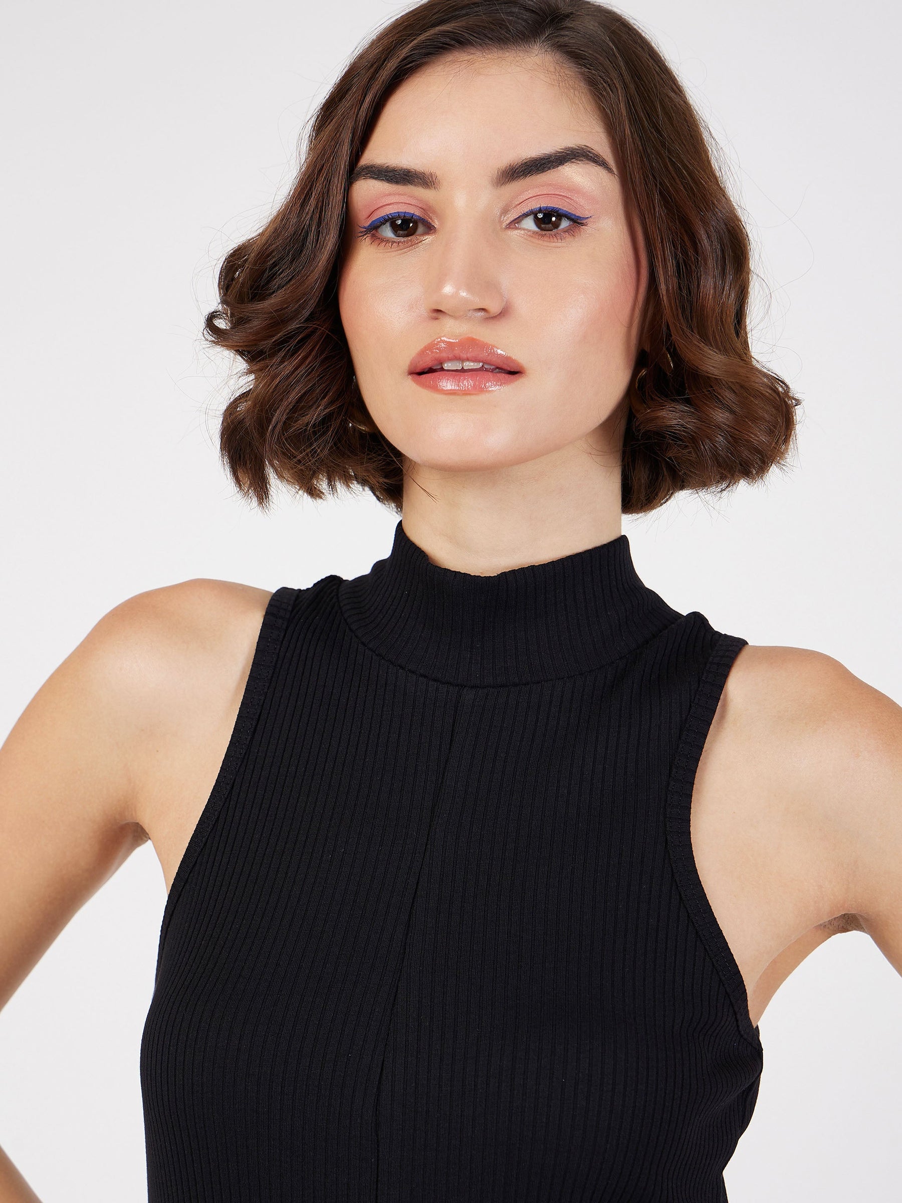 Clothing Black Sleeveless Turtleneck Top Womens Women Black Rib