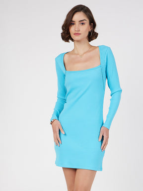 Turquoise Rib Square Neck Short Dress-SASSAFRAS