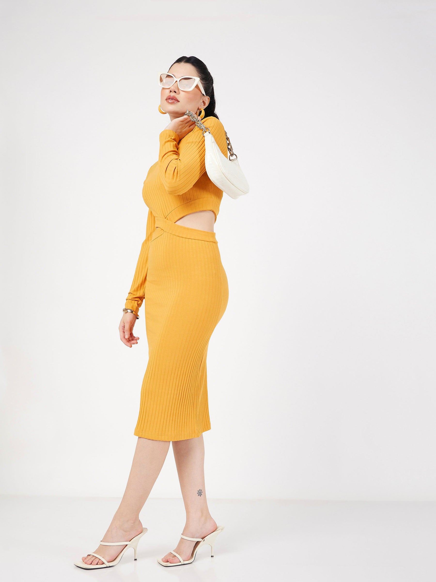 Yellow Rib Side Cut-Out Midi Dress-SASSAFRAS