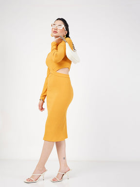 Yellow Rib Side Cut-Out Midi Dress-SASSAFRAS