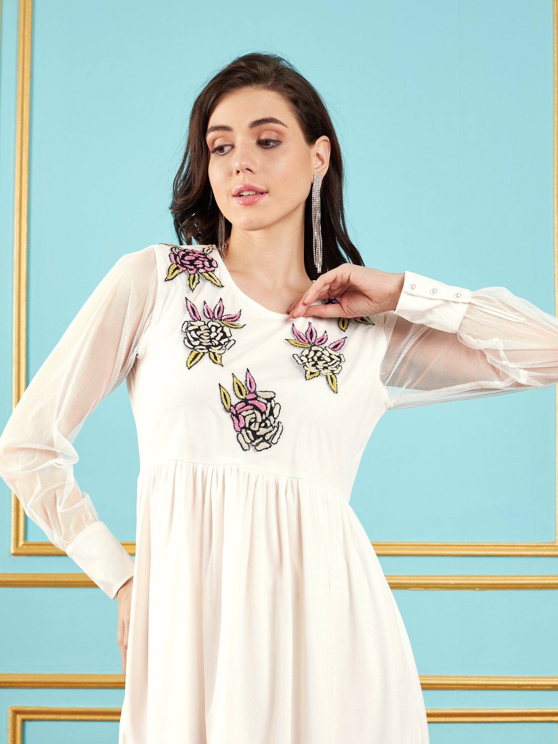 Buy Women White Front Embellished Mesh Skater Dress Online at Best Price - Sassafras Buy Women White Front Embellished Mesh Skater Dress Online at Best Price - Sassafras